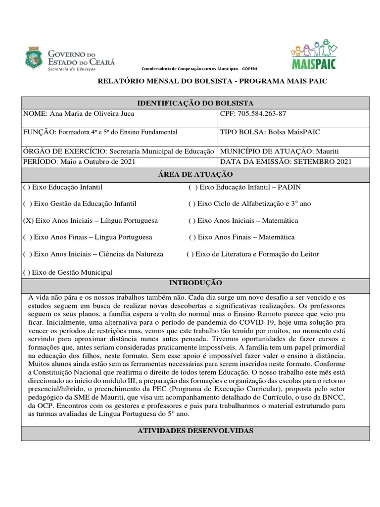 Relatorio Bolsista Set de 2021 | PDF | Pedagogia