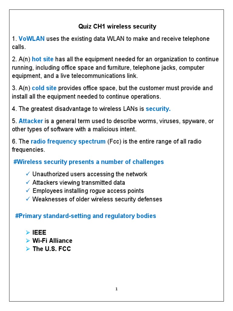 Wireless Security Quiz CH1 PDF Ieee 802.11 Wireless Lan