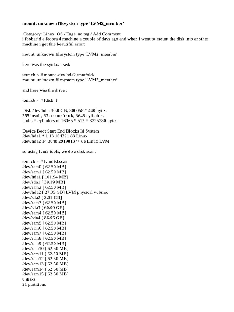 Mount Unknown Filesystem Type LVM2 Member' Download Free PDF Computing Information