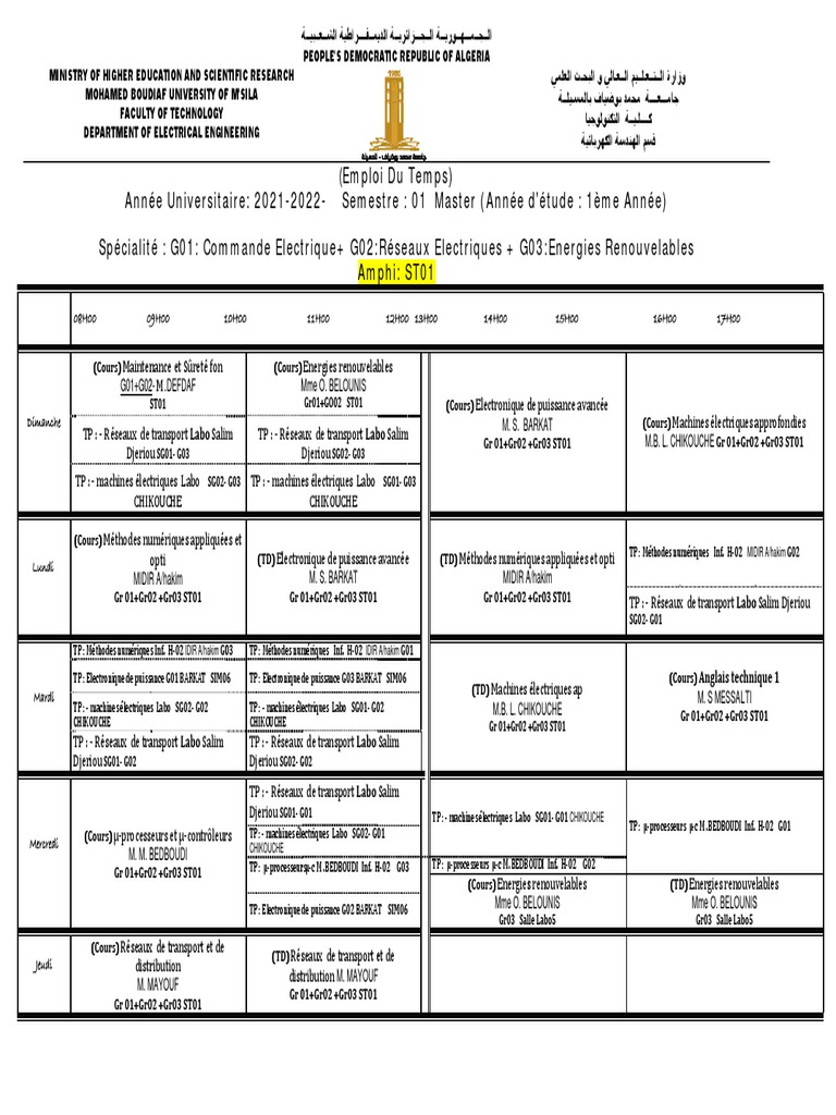 Emploi du temps des cours d'ingénierie | PDF | Électromagnétisme ...