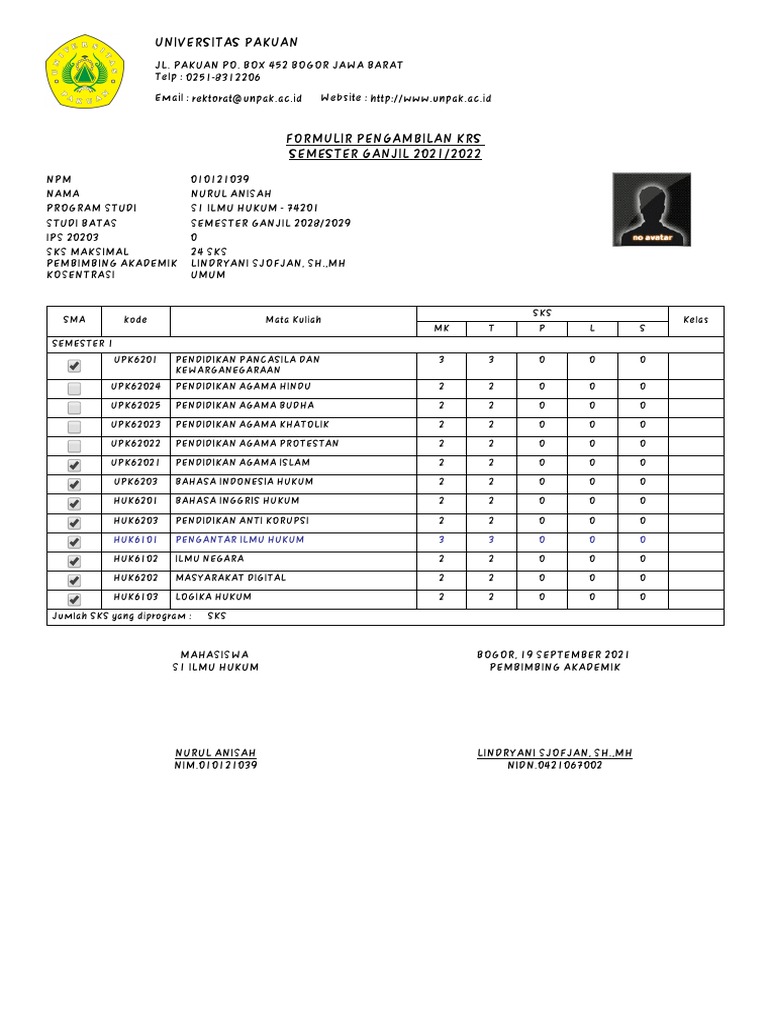 Formulir KRS S1 Ilmu Hukum UNPAK | PDF