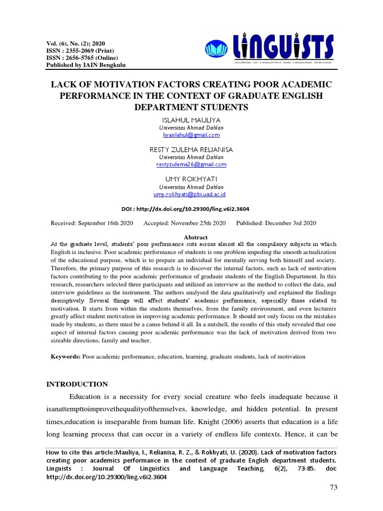 Lack of Motivation Factors Creating Poor Academic Performance in The ...