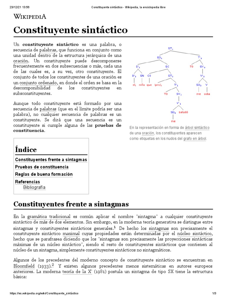 Constituyente Sintáctico Wikipedia, La Enciclopedia Libre PDF Sintaxis Mecánica del lenguaje