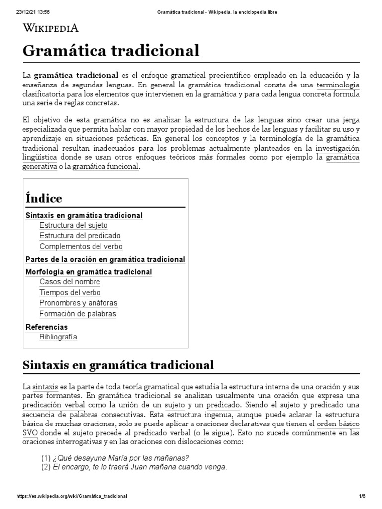 Gramática Tradicional - Wikipedia, La Enciclopedia Libre | PDF | Asunto  (gramática) | Predicado (Gramática)