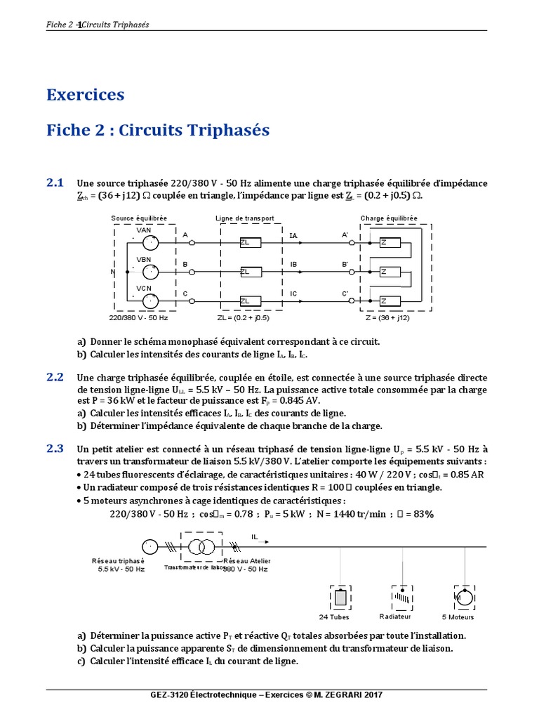 Calcul De Puissance En Triphasé Pdf ELT-ENSAM-2018 - Fiche 2 - Circuits Triphasés | PDF | Puissance (physique)  | Transformateur électrique