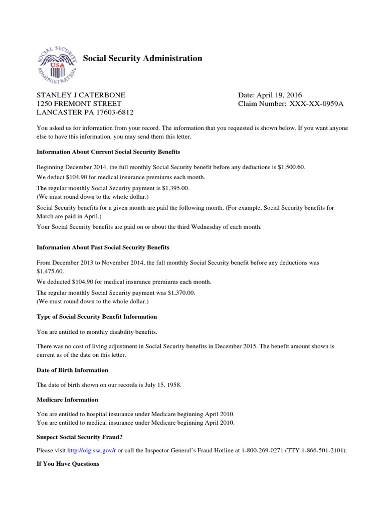 Benefit Verification Letter From The Social Security Administration For