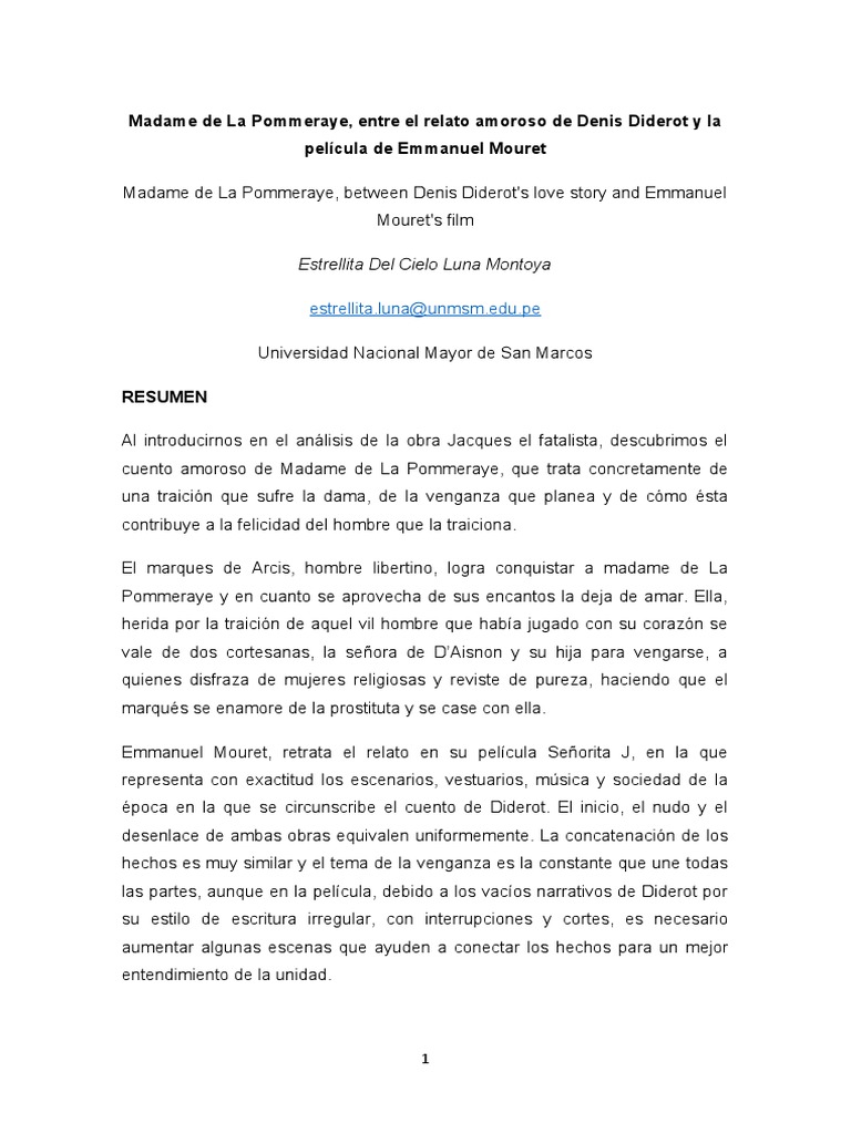 Madame de La Pommeraye, Entre El Relato y La Película PDF Amor
