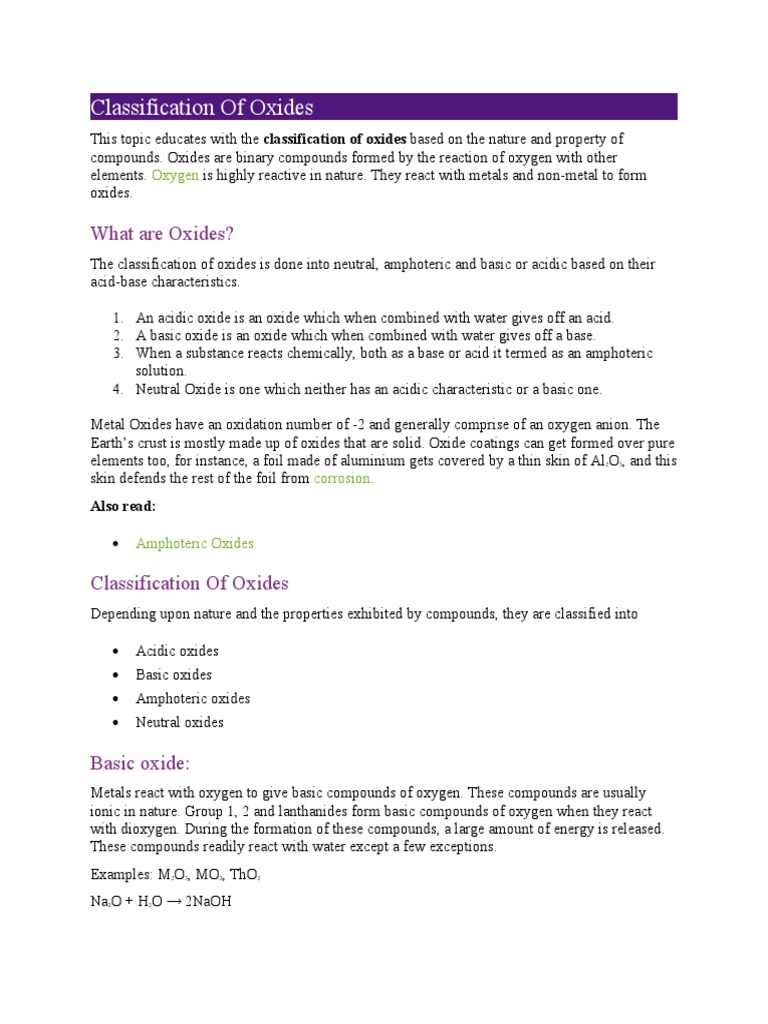 Classification of Oxides by Properties | PDF | Oxide | Chemical Compounds