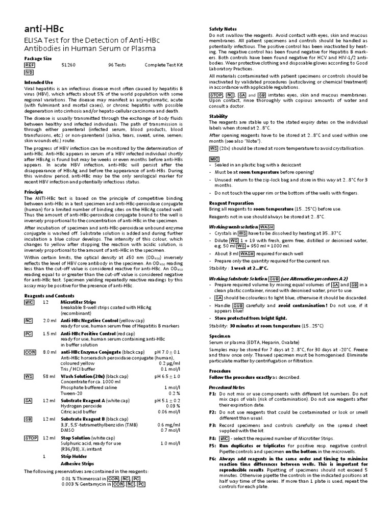 AntiHbc Elisa Test For The Detection of AntiHbc Antibodies in Human