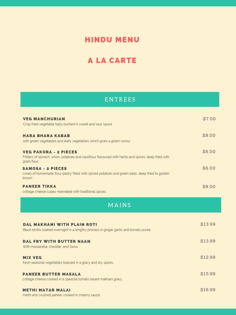 Hindu Menu A La Carte Entrees PDF Hamburgers Curry
