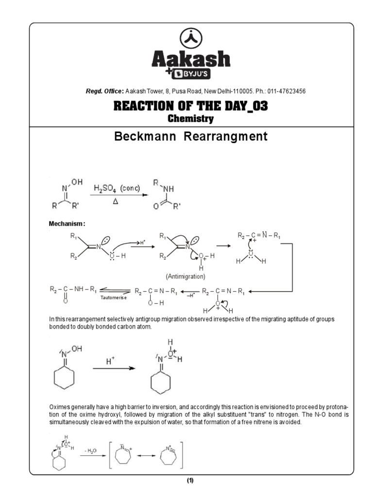 Beckmann Rearrangement Mechanism Explained | PDF | Chemical Reactions ...