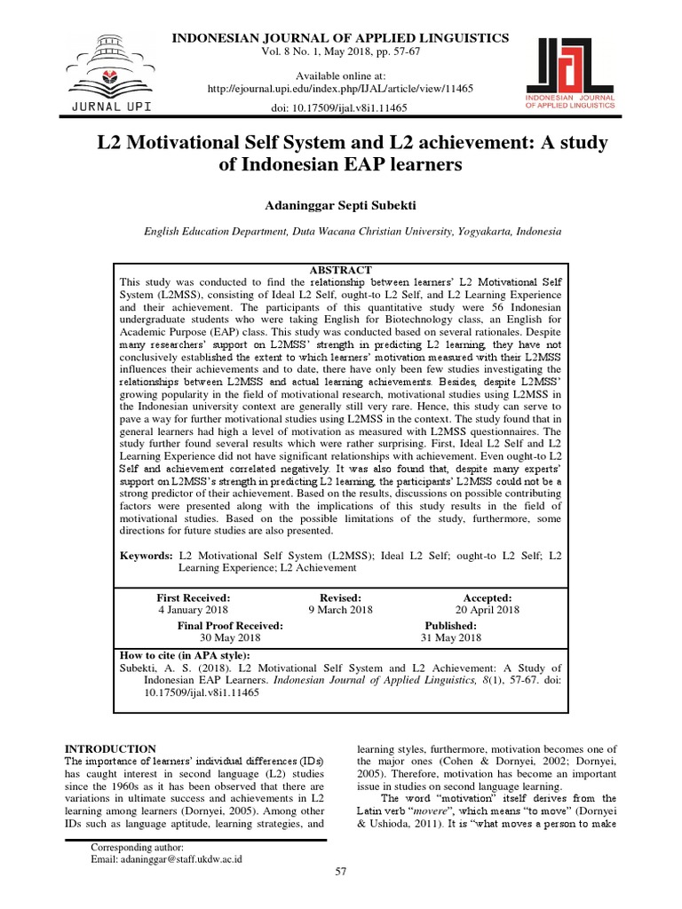 L2 Motivational Self System and L2 Achievement A S | PDF | Second ...