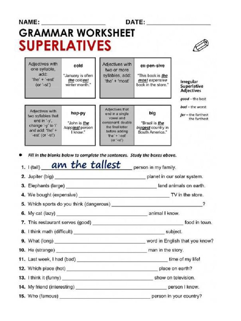 Superlative Worksheet PDF