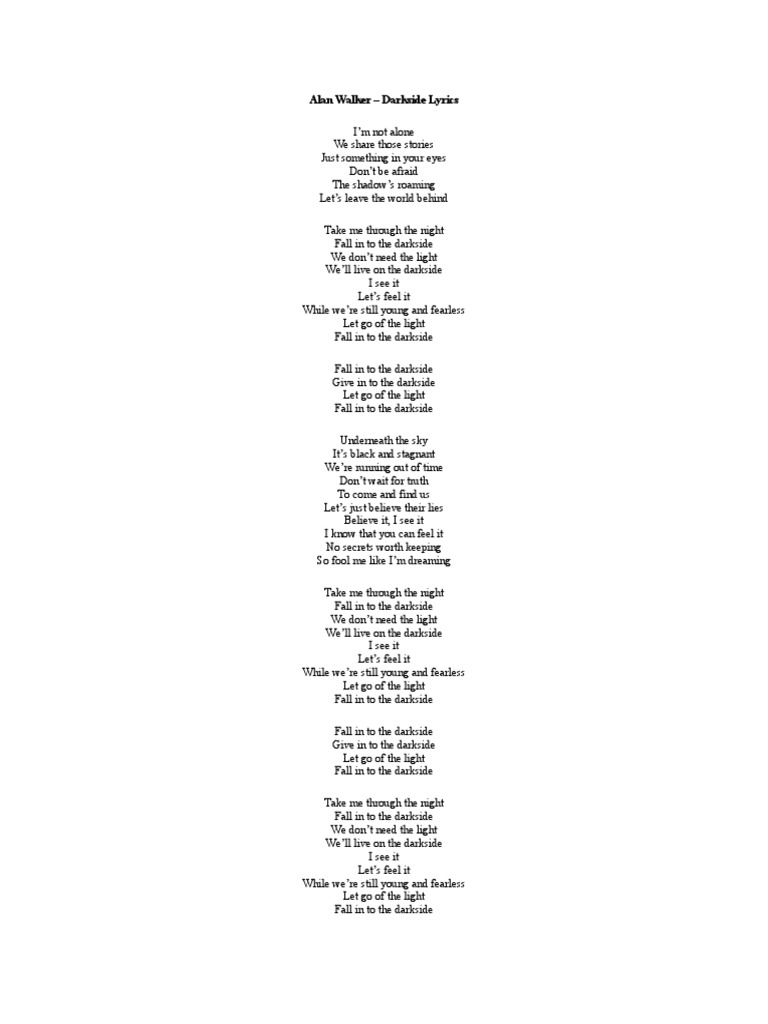 Ola - Alan Walker - Darkside Lyrics | PDF