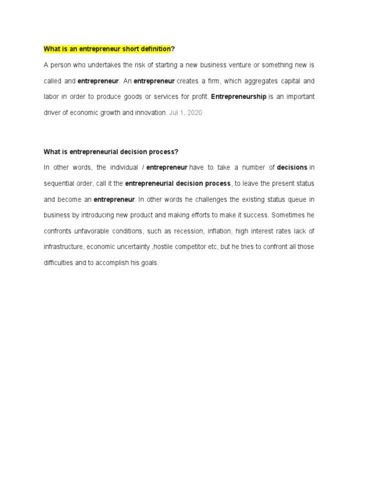 What Is An Entrepreneur Short Definition PDF Entrepreneurship