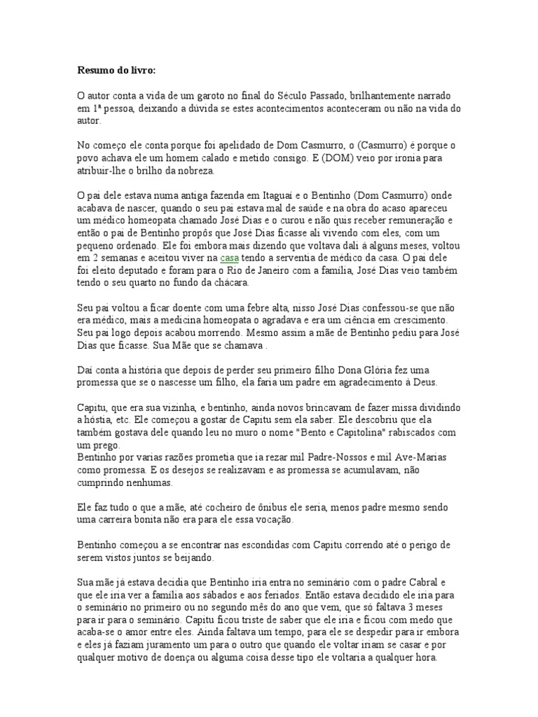Resumo Do Livro Dom Casmurro Feito Por Alunos