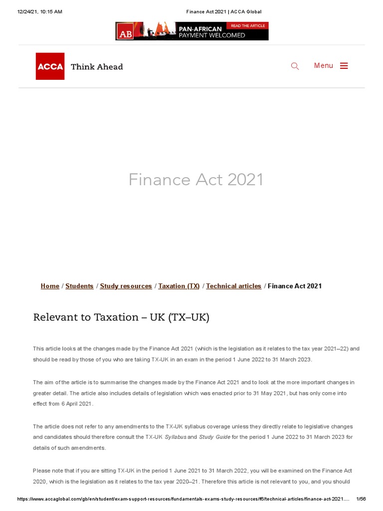 Finance Act 2021 - ACCA Global | PDF | Taxes | Income Tax