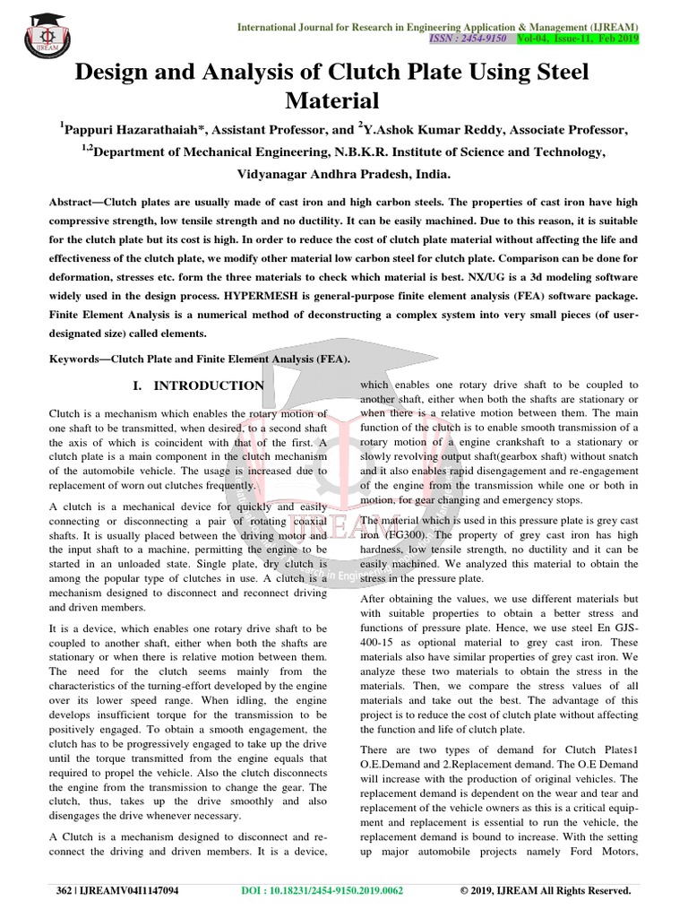 Design and Analysis of Clutch Plate Using Steel Material | PDF | Clutch ...