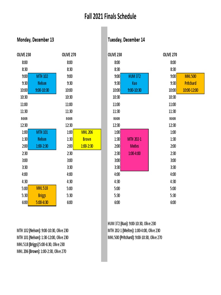 2021 Fall Final Exam Schedule | PDF