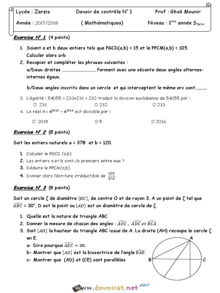 Exercices corrigés de maths 1AC | PDF