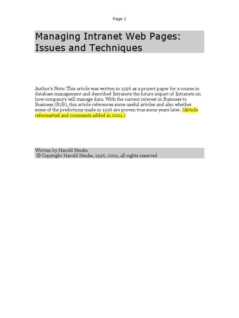 Managing Intranet Web Pages Issues and Techniques | PDF | World Wide ...