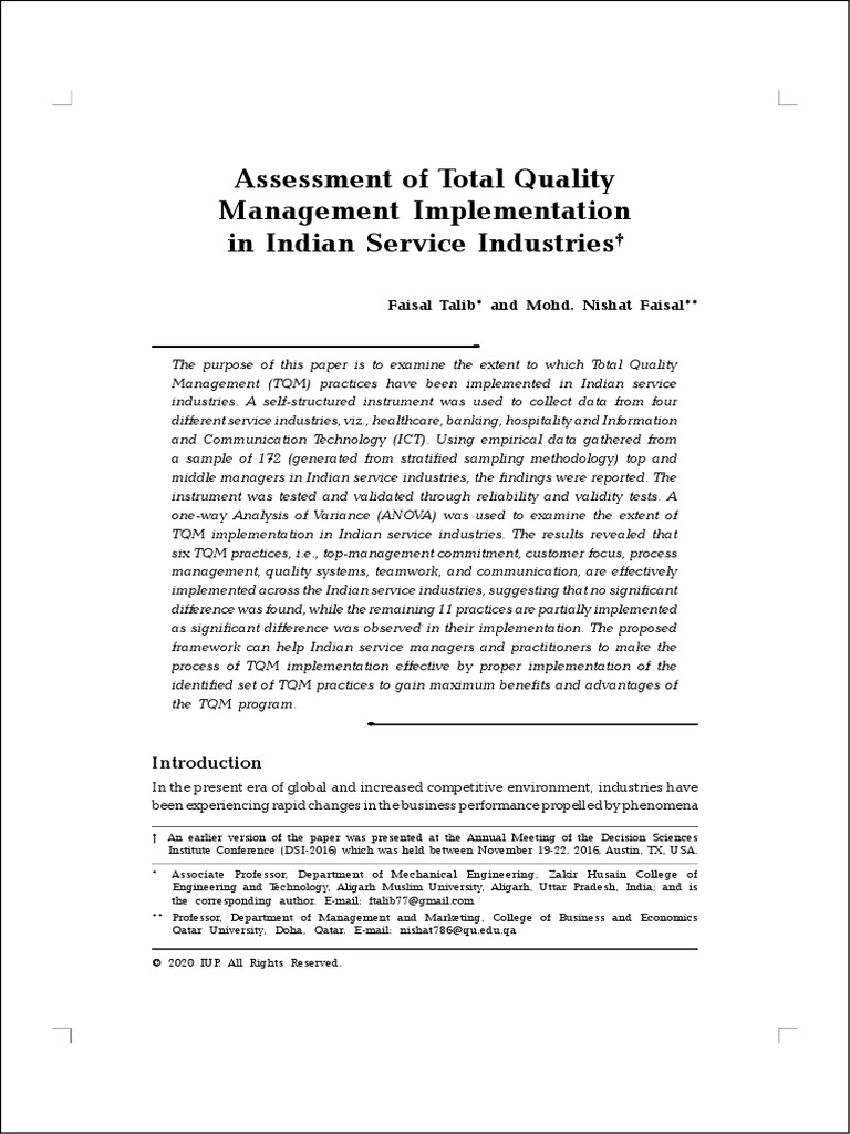 Assessment of Total Quality Management Implementation in Indian Service ...