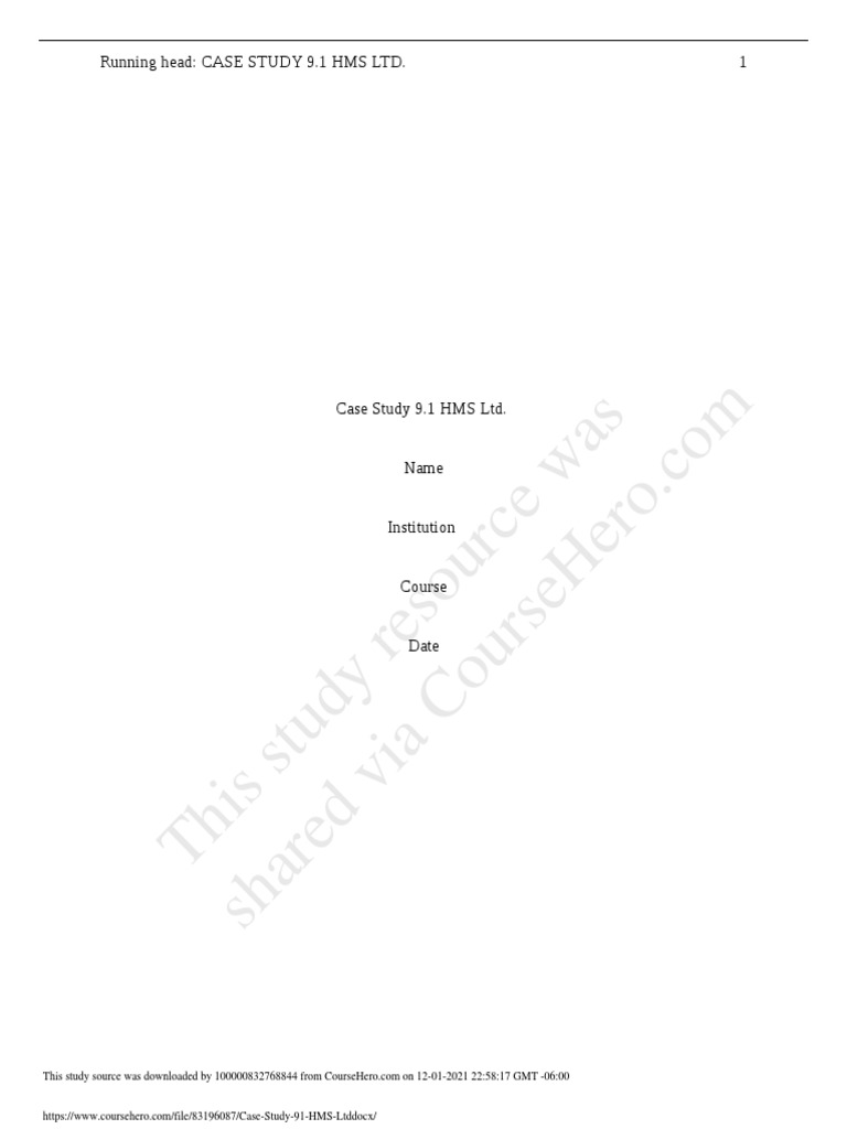 This Study Resource Was Running Head CASE STUDY 9.1 HMS LTD. 1 PDF Customer Relationship