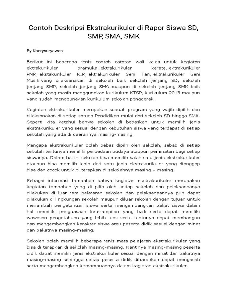 Contoh Deskripsi Ekstrakurikuler Di Rapor Siswa SD | PDF