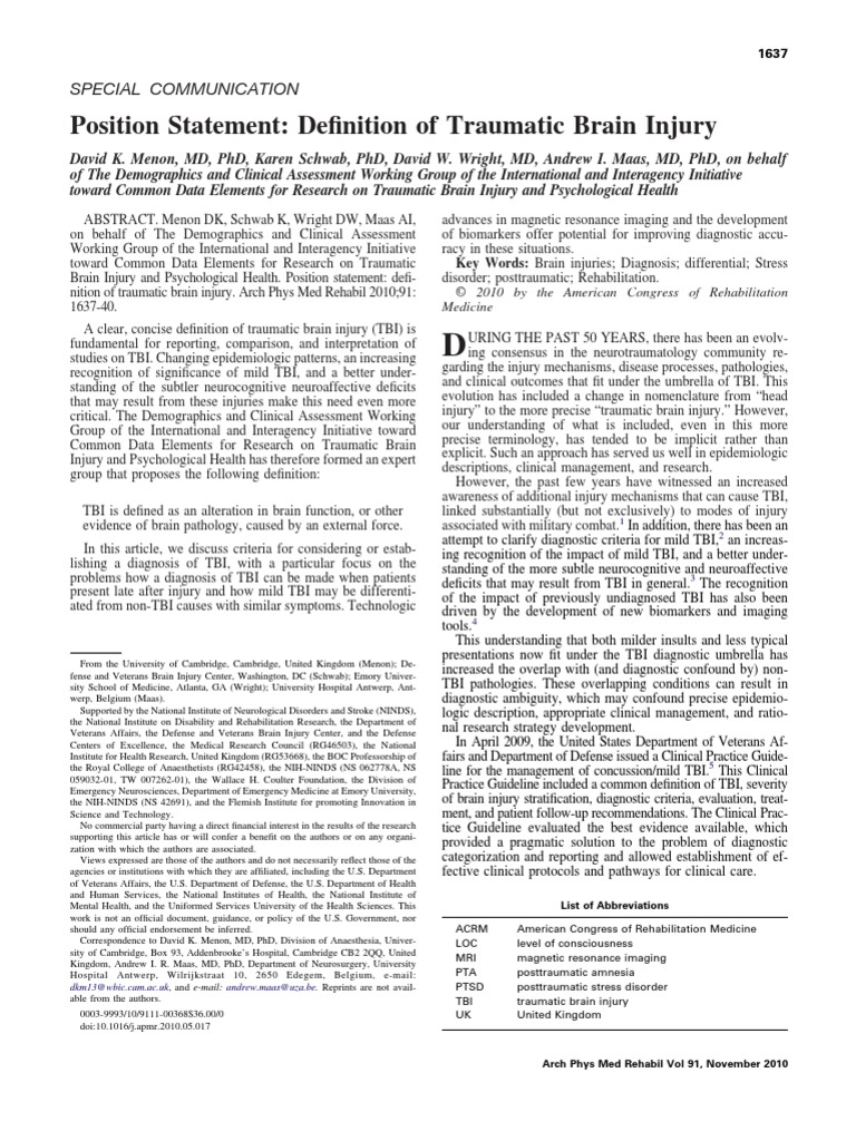 Position statement definition of traumatic brain injury special