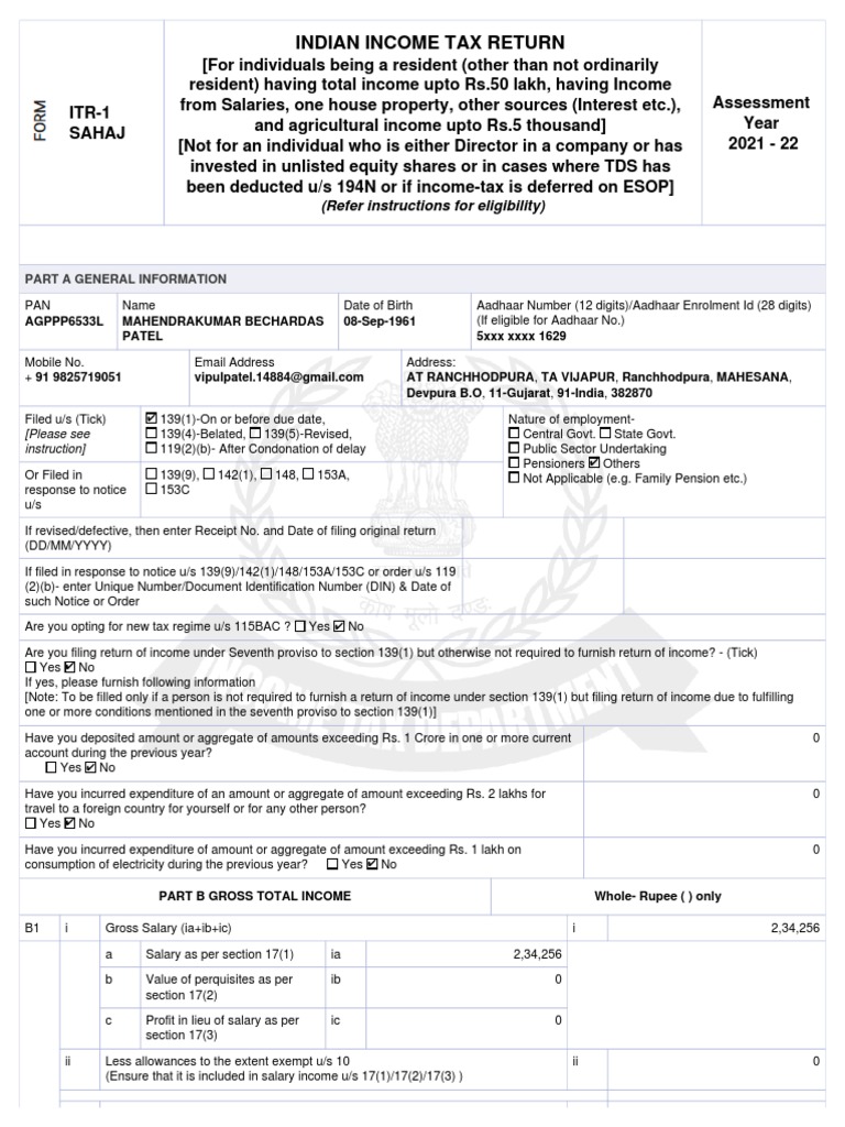 ITR-1 SAHAJ: Indian Income Tax Return 2021-22 | PDF | Pension | Tax ...