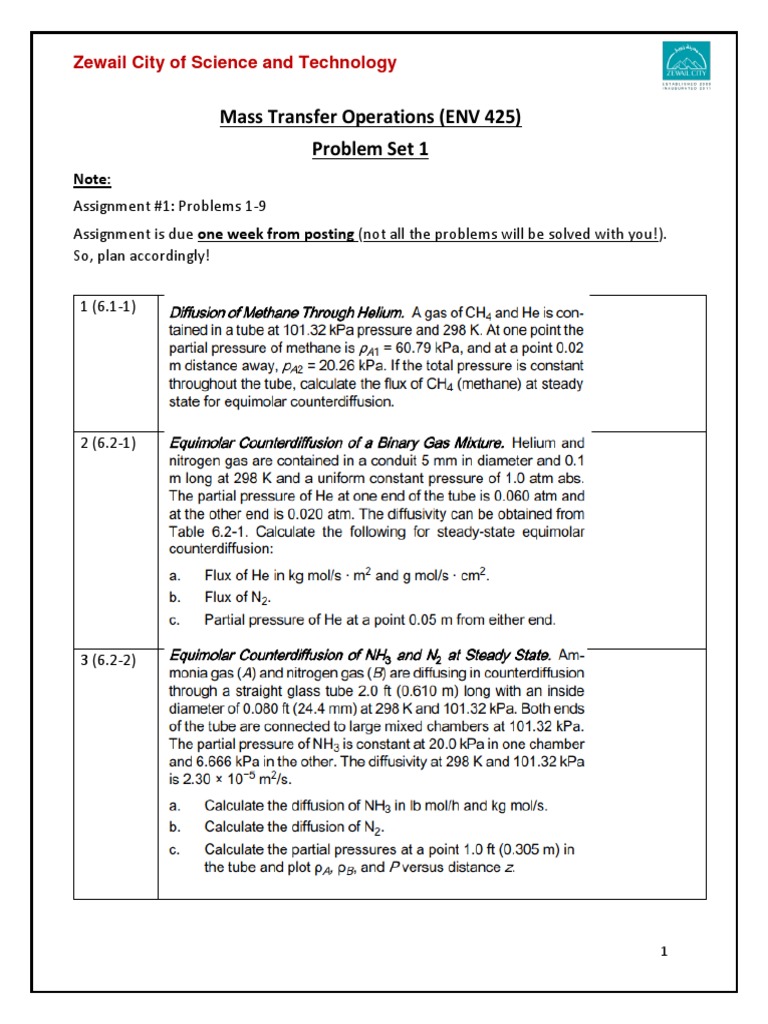Mass Transfer Operations Problem Set 1 | PDF