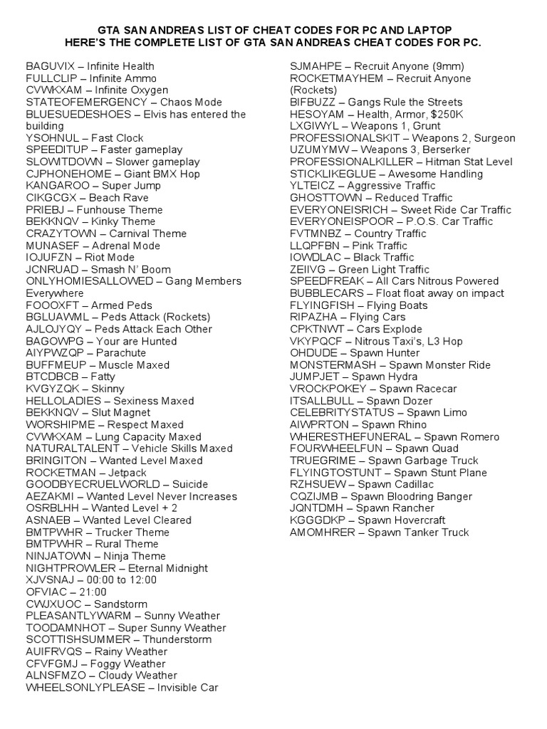 Gta San Andreas List of Cheat Codes For PC and Laptop Here'S The ...