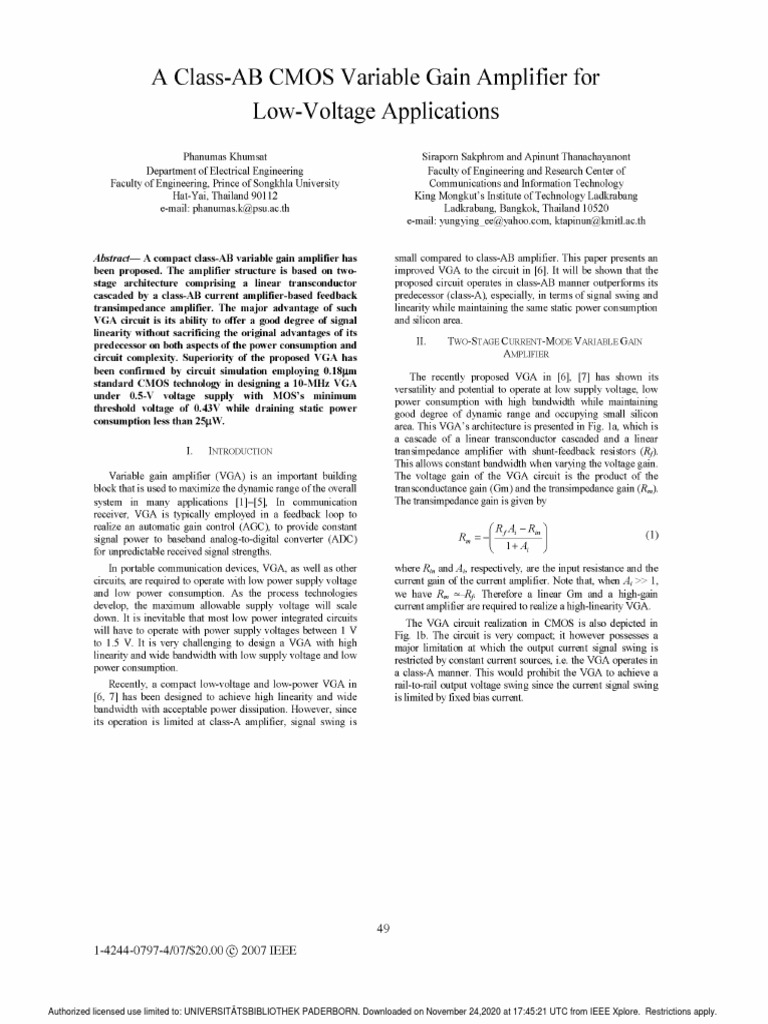 A Class-AB CMOS Variable Gain Amplifier For Low-Voltage Applications ...