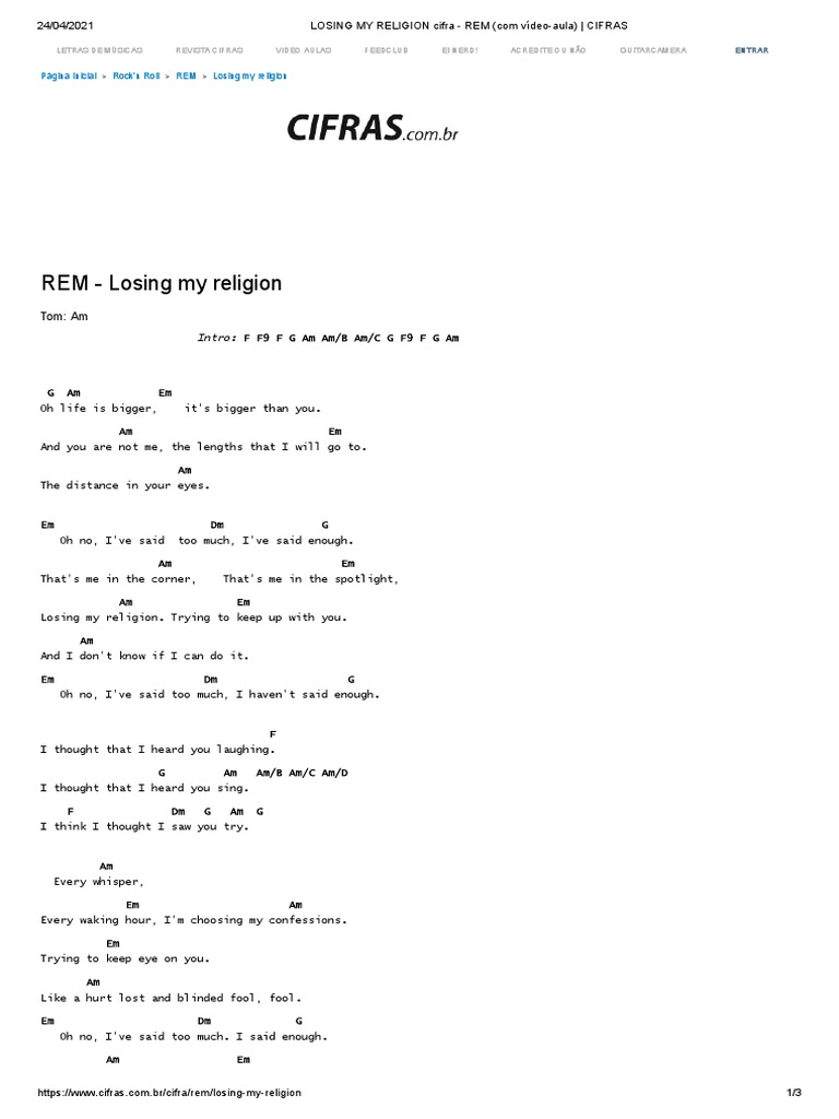 LOSING MY RELIGION Cifra REM VídeoAula) CIFRAS PDF