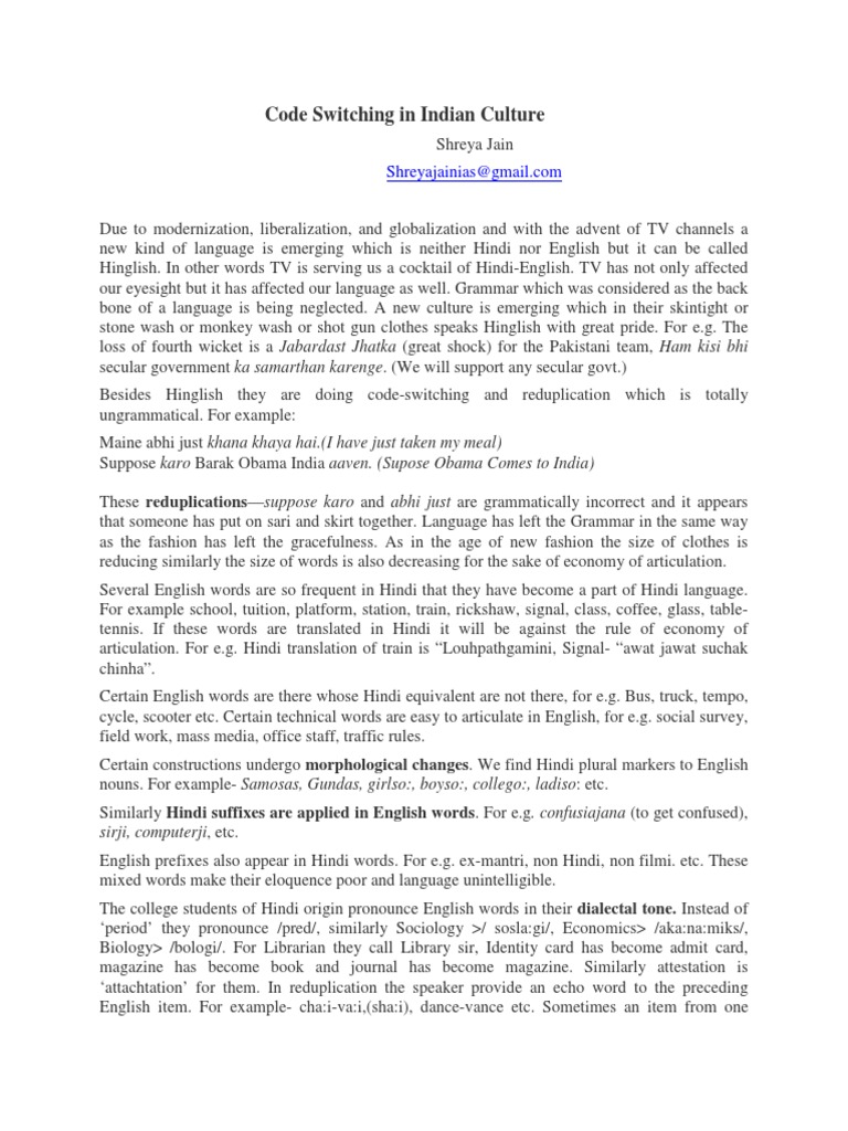 Code Switching in Indian Culture PDF Multilingualism English Language