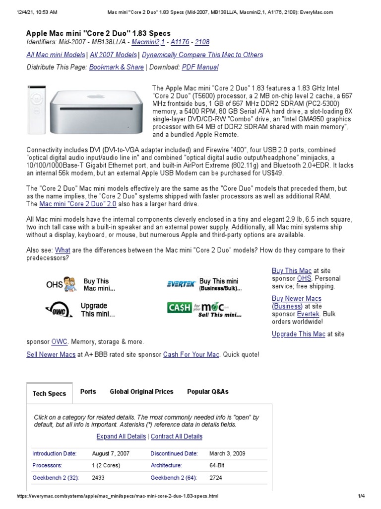 Apple Mac Mini "Core 2 Duo" 1.83 Specs: Identifiers: Mid-2007 - MB138LL ...