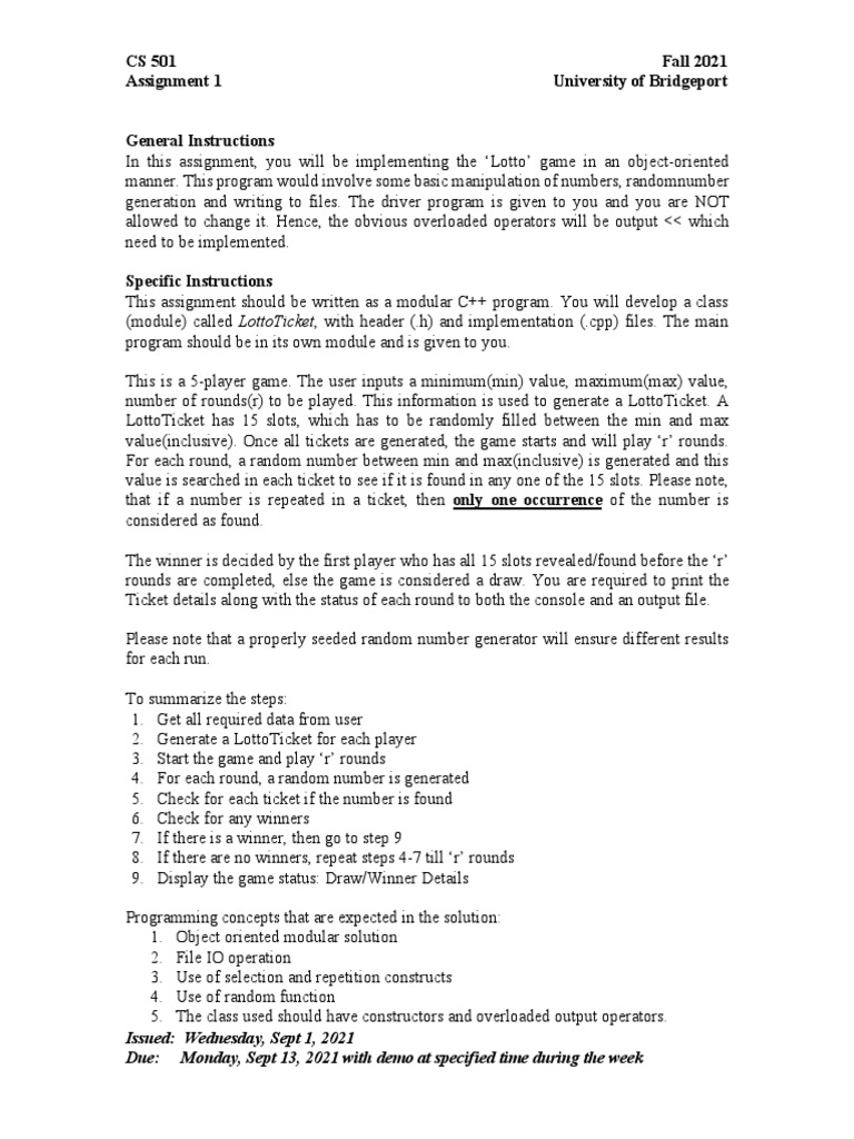 C++ Lotto Game Assignment | PDF | Modular Programming | Filename