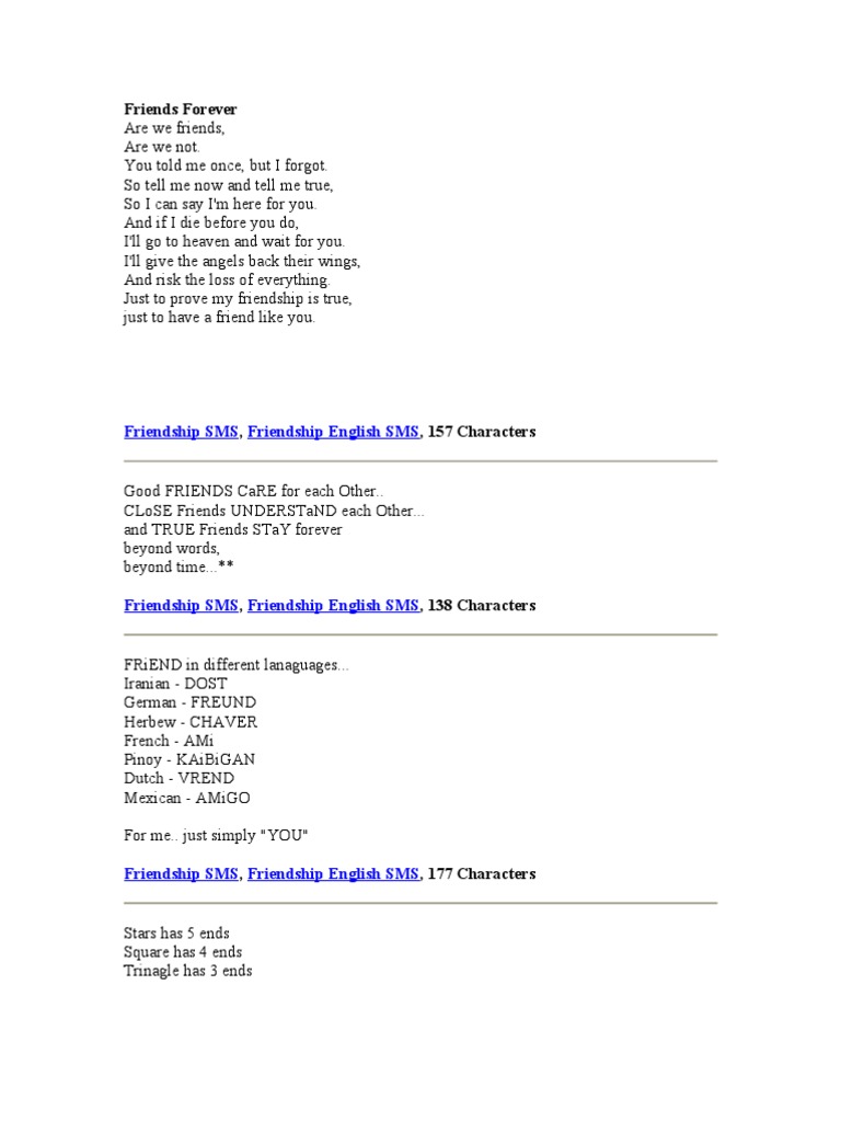 Friends Forever Friendship Sms Friendship English Sms - 