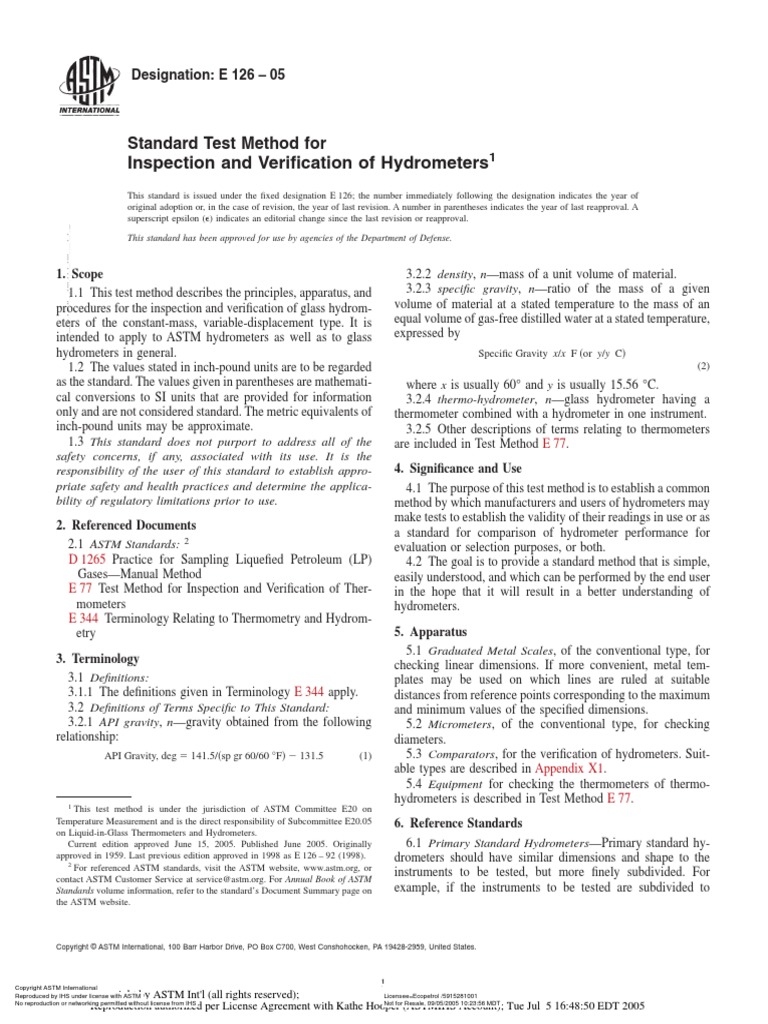 Inspection and Verification of Hydrometers Standard Test Method For