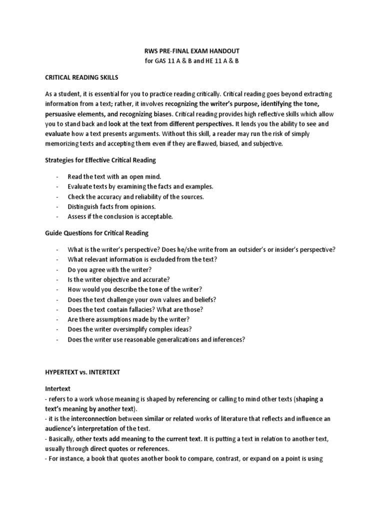 RWS 11 Pre Final Handout | PDF | Fallacy | Intertextuality