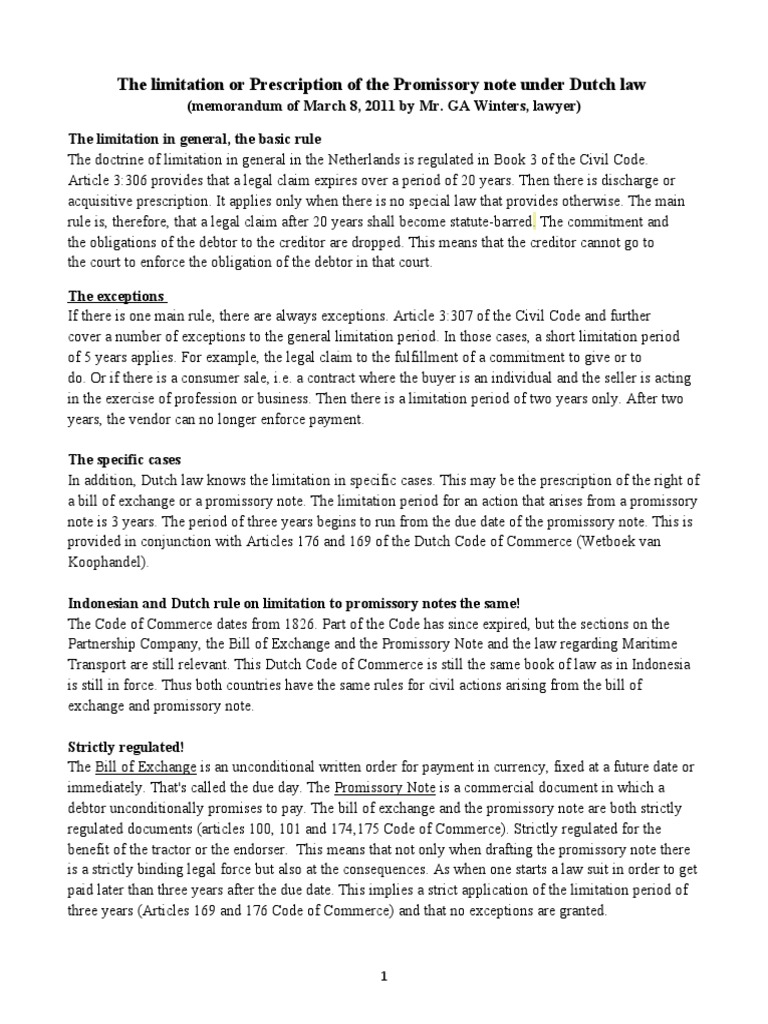The Limitation of The Promissory Note by Dutch Law PDF Promissory
