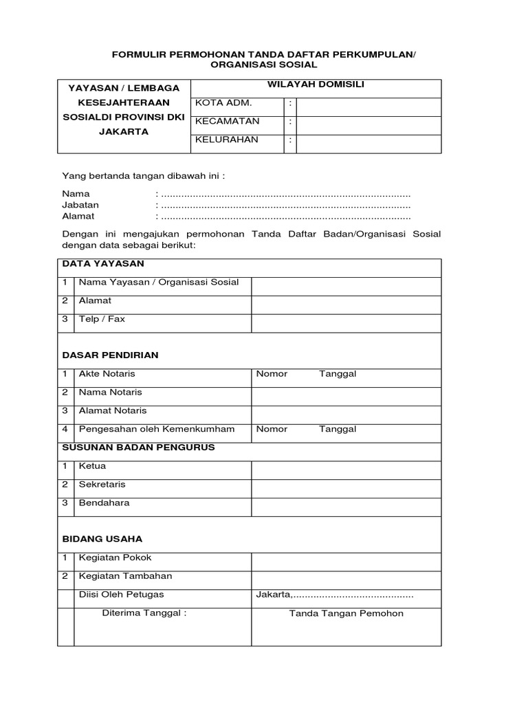 FORMULIR J-01 (Tanda Daftar Perkumpulan Atau Organisasi Sosial) | PDF
