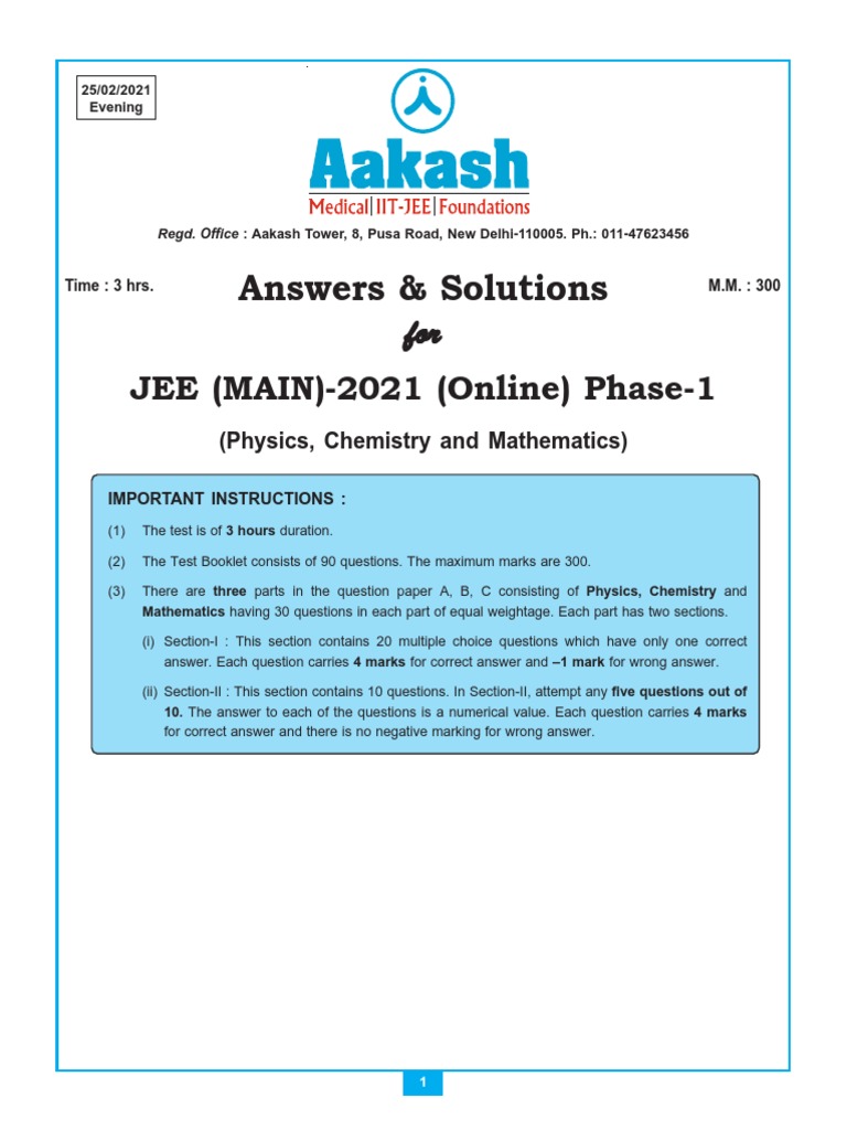 JEE Main 2021 Phase-1 Solutions | PDF | Dipole | Semiconductors