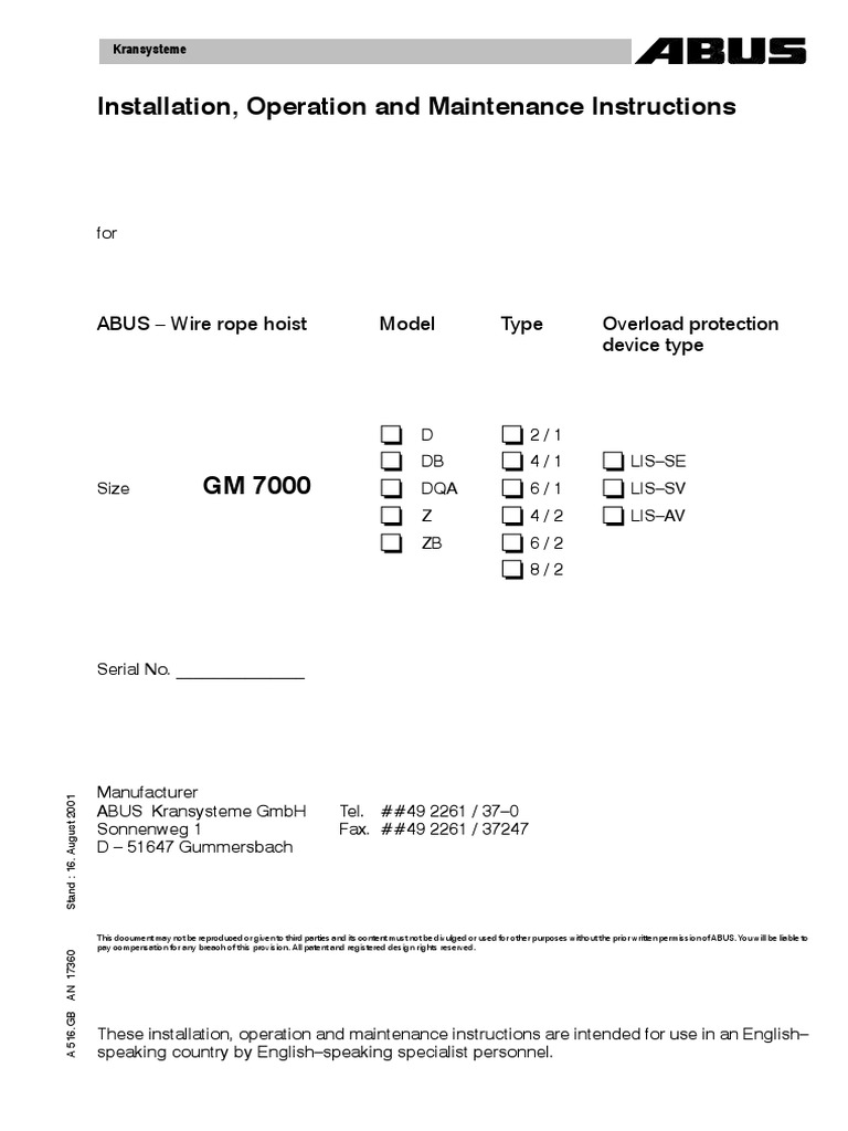 ABUS Wire Rope Hoist Manual | PDF | Crane (Machine) | Electrical Connector