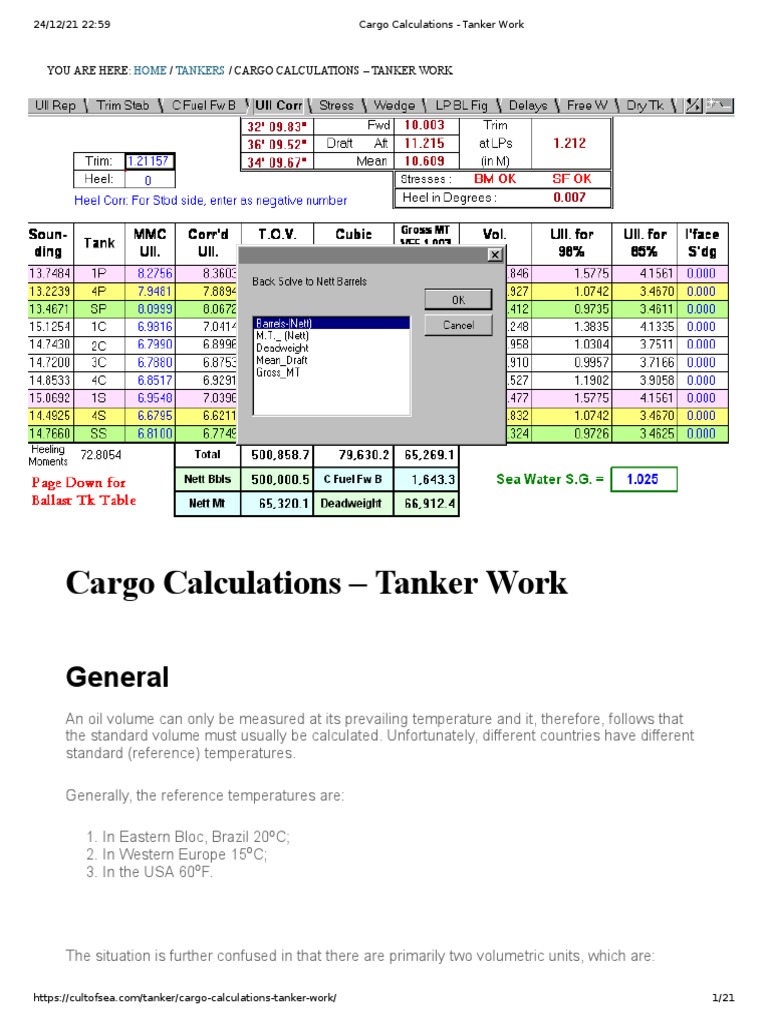 Cargo Calculations Tanker Work PDF Barrel (Unit) Density