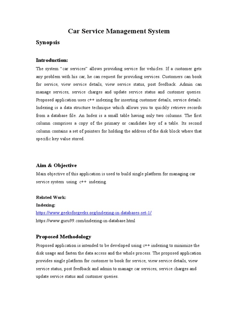 Car Service Management System Synopsis PDF Database Index C++