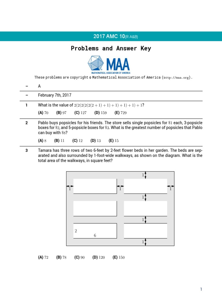 Problems And Answer Key 1 A 70 B 97 C 127 D 159 E 729 2