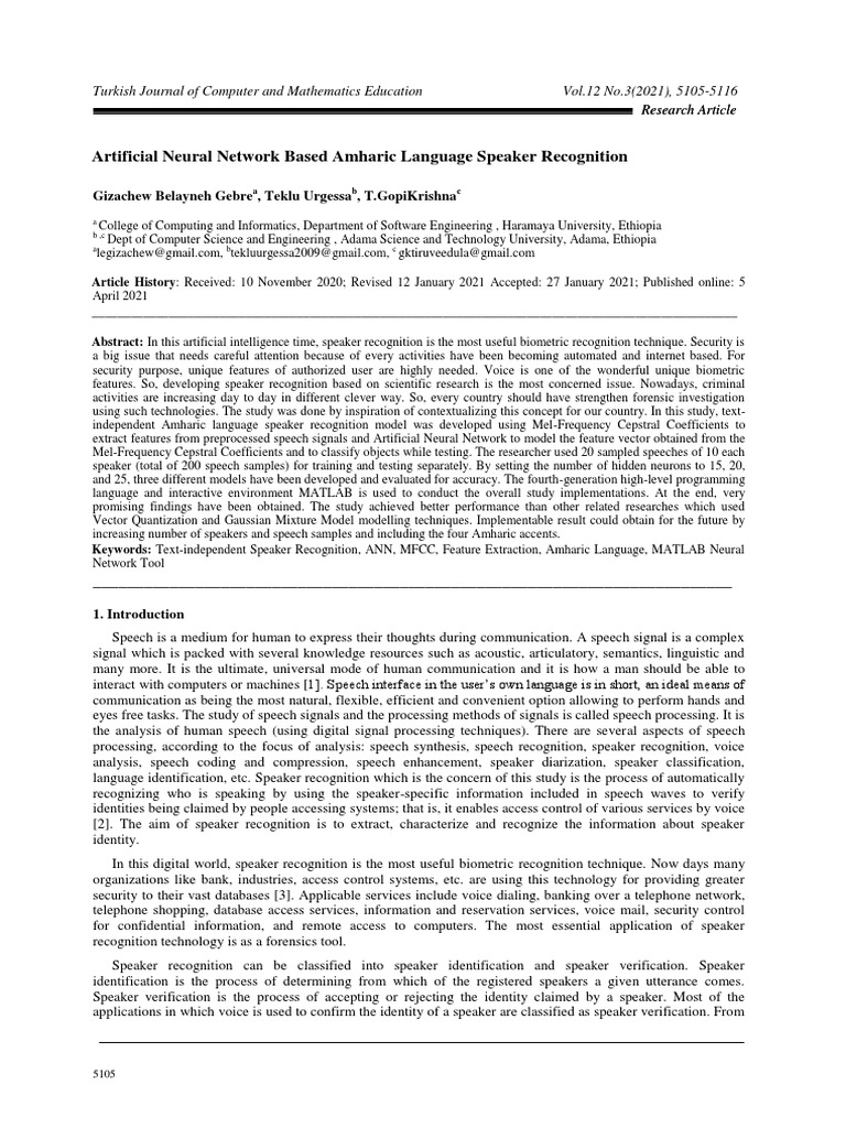 Artificial Neural Network Based Amharic Language Speaker Recognition ...