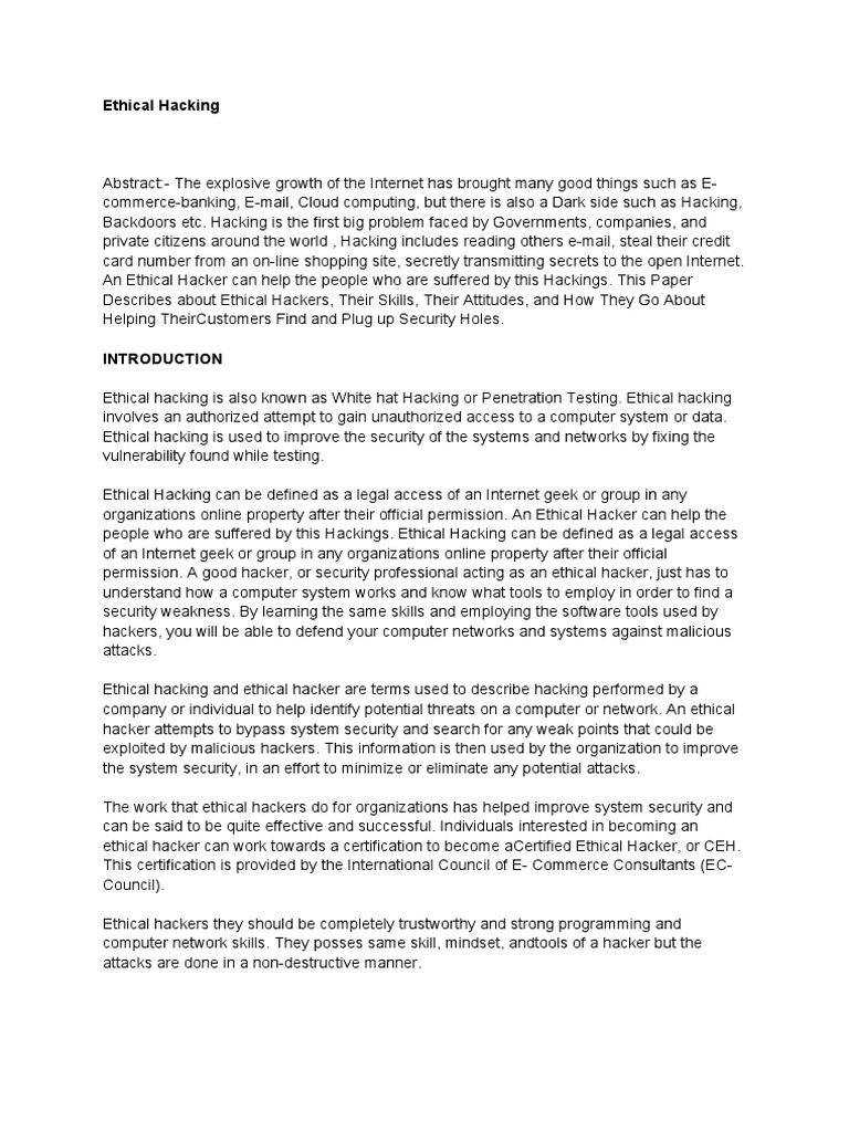 Ethical Hacking Abstract | PDF | Security Hacker | White Hat (Computer ...