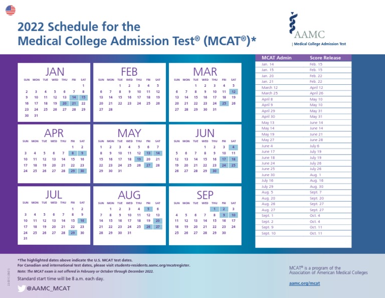 2022 Mcat Us Calendar PDF Standardized Tests Medical Education